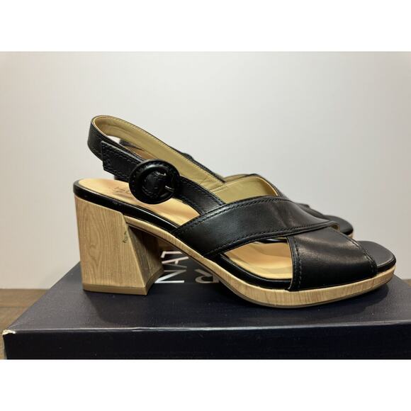 Naturalizer Renly Peep Toe Bamboo Block Heel Black Sandal - Women’s 9.5M - Picture 4 of 10